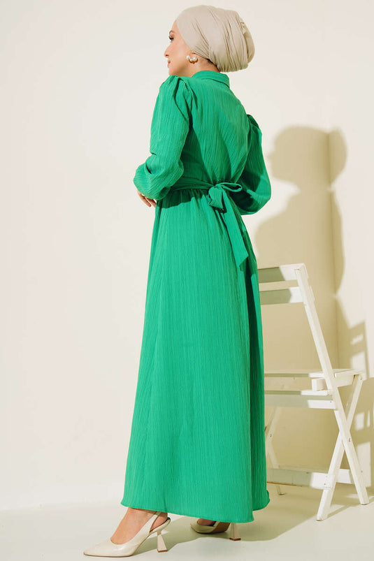 Half Button Placket Belted Dress Green