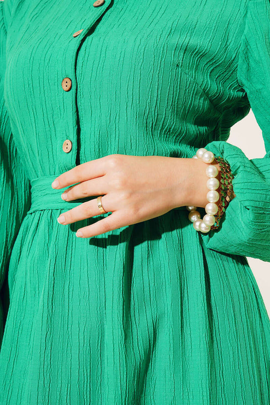 Half Button Placket Belted Dress Green