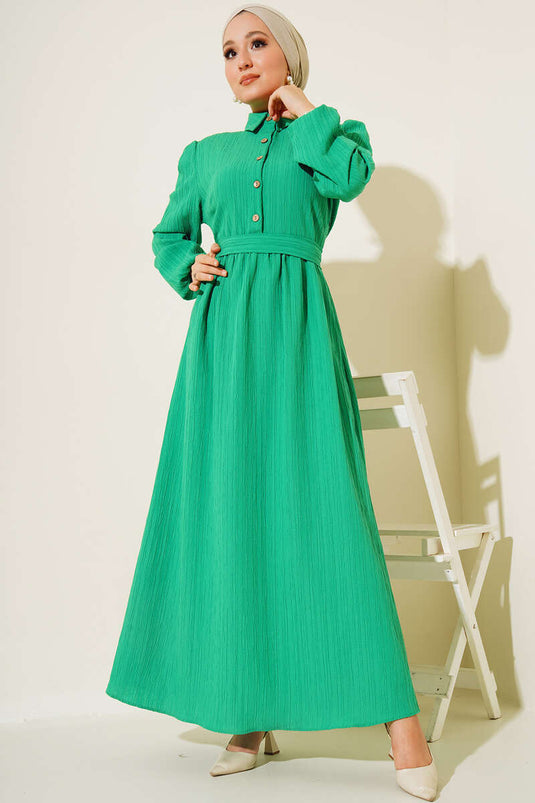 Half Button Placket Belted Dress Green
