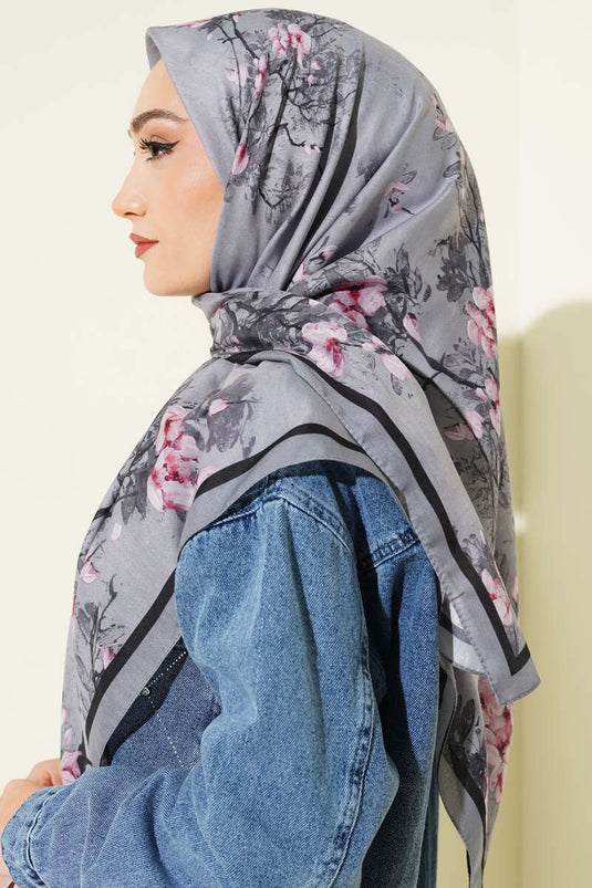 Écharpe douce fleurie 120 cm gris