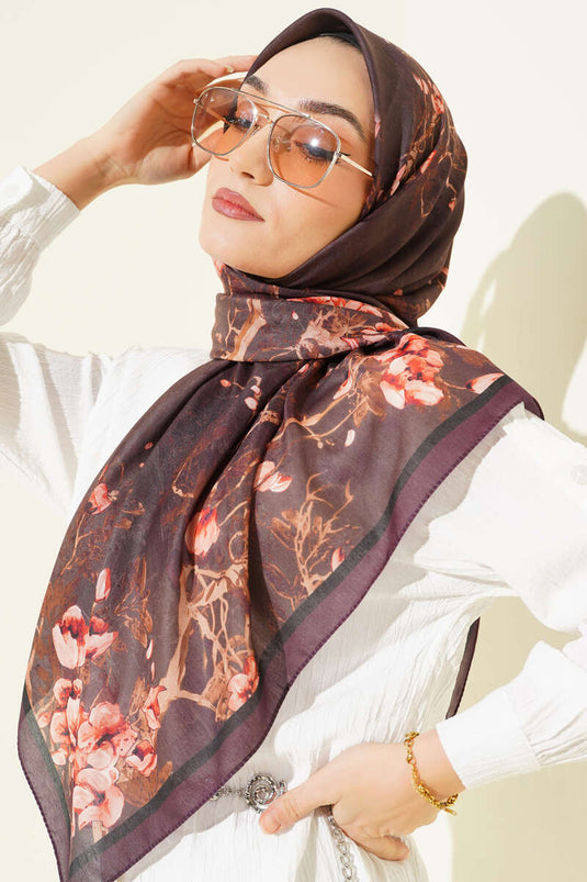 120 cm Çiçekli Soft Eşarp Mürdüm
