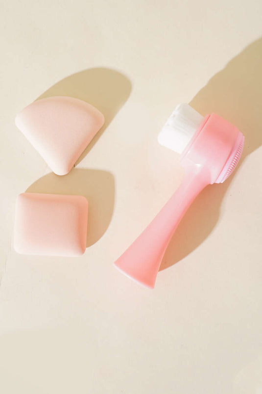 Lot de 2 éponges + brosse nettoyante visage rose