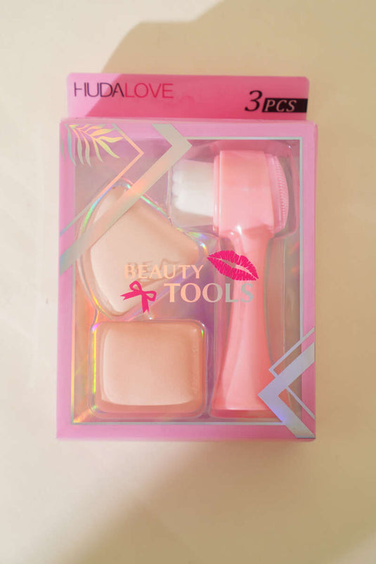 Lot de 2 éponges + brosse nettoyante visage rose
