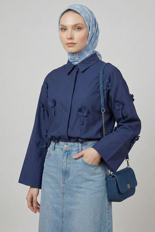 3D Flower Appliqué Shirt Navy Blue