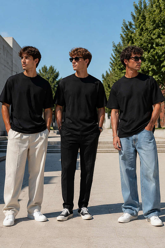 3'lü Oversize Düz Erkek T-shirt Siyah