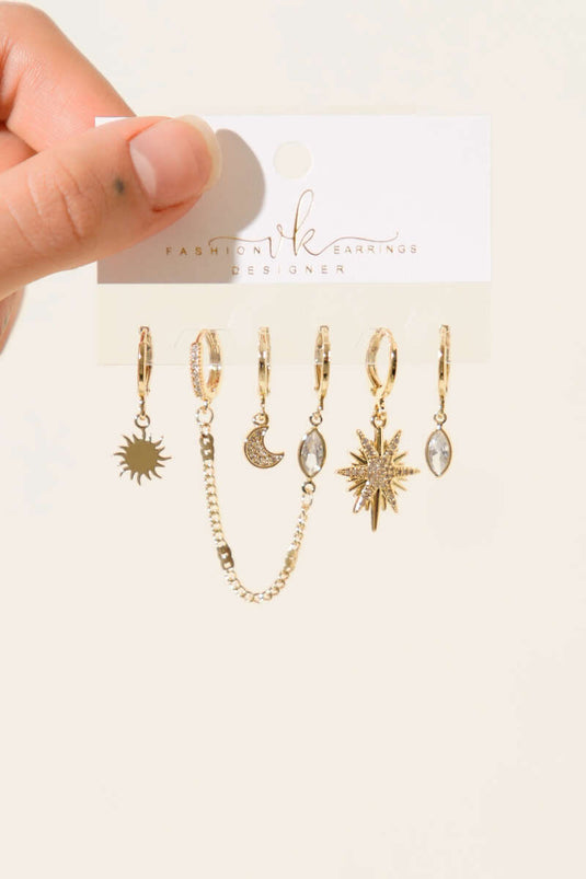 6-Piece Combination Moon Shaped Earring Set in Gold