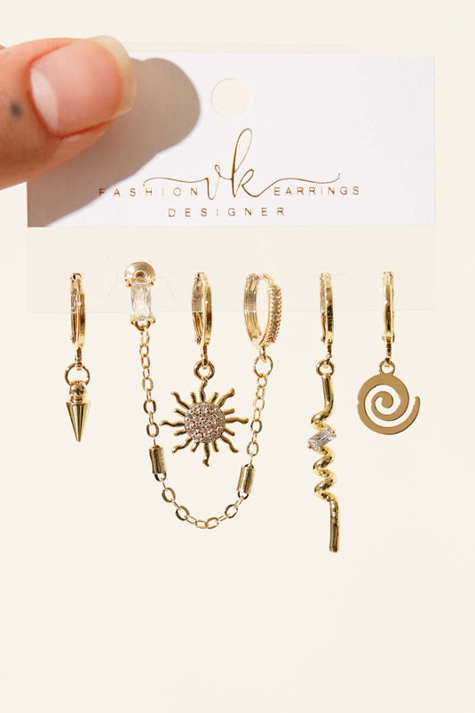 6-Piece Combination Mini Stone Earrings Set Gold