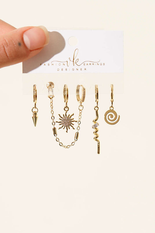 6-Piece Combination Mini Stone Earrings Set Gold