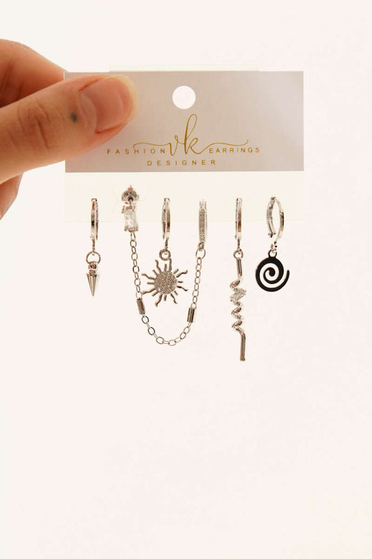 6-Piece Combination Mini Stone Earrings Set Silver