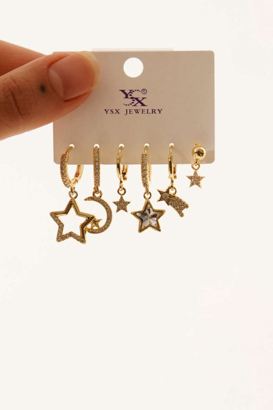 Set of 6 Stone Star Shaped Earrings in Gold