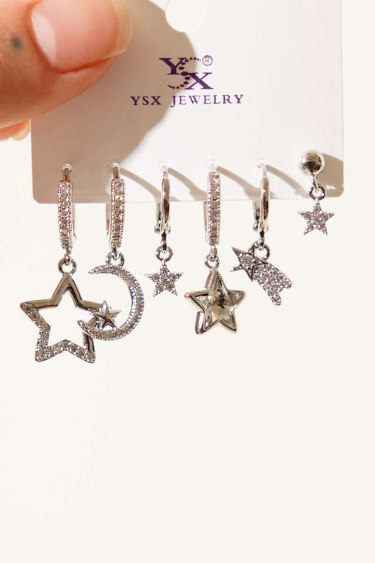 Set of 6 Silver Star-Shaped Earrings with Stones