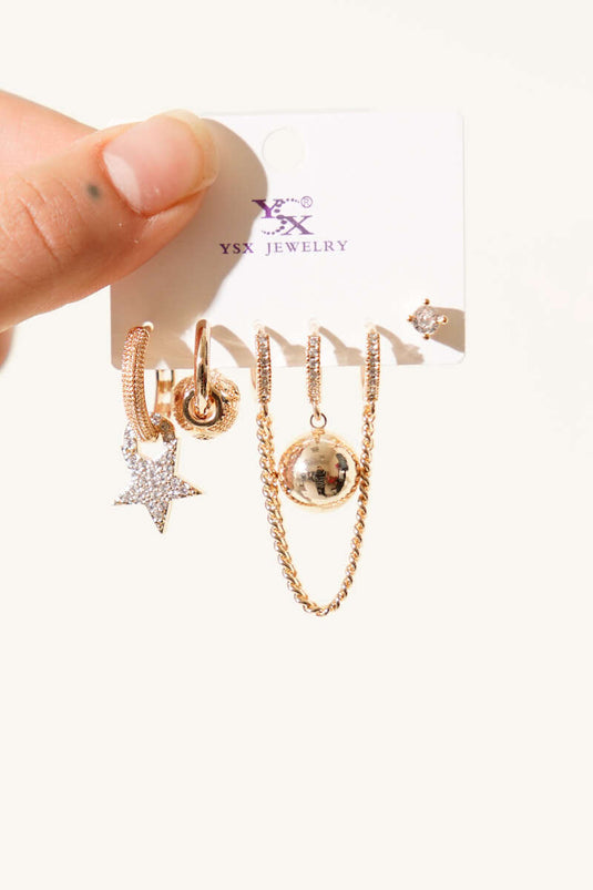 6-Piece Set of Star-Shaped Stone Earrings in Gold