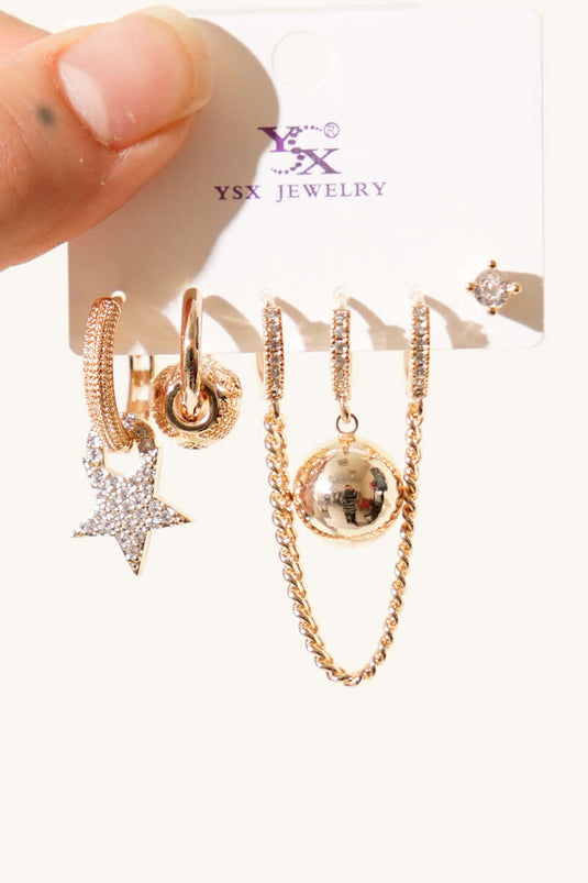 6-Piece Set of Star-Shaped Stone Earrings in Gold