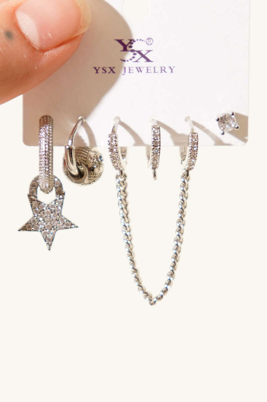 6-Piece Combination Star-Shaped Stone Earring Set, Silver
