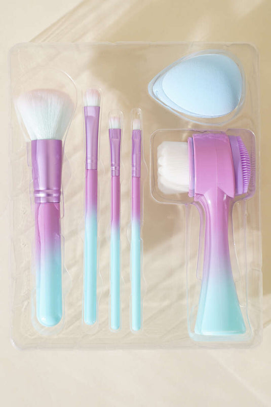 Ensemble de 6 pinceaux de maquillage + brosse nettoyante visage bleue