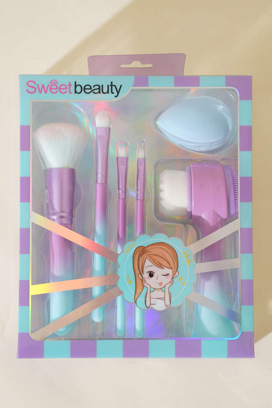 Ensemble de 6 pinceaux de maquillage + brosse nettoyante visage bleue