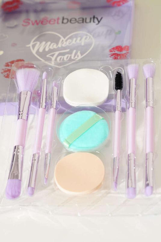 طقم فرش مكياج مكون من 6 قطع مع إسفنجة بودرة، لون بنفسجي