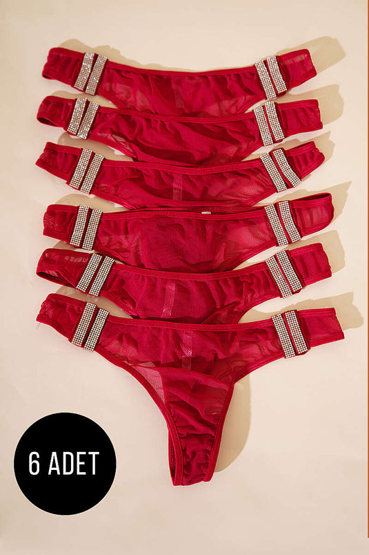 6'lı Taş Şeritli Gizli Kopçalı Tanga Vişne