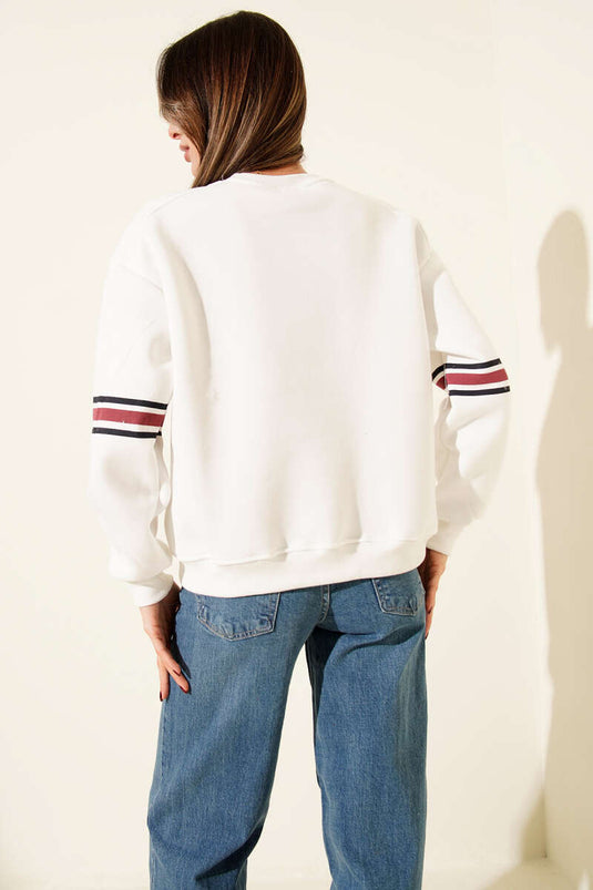 74 Yazılı Üç İplik Sweatshirt Ekru