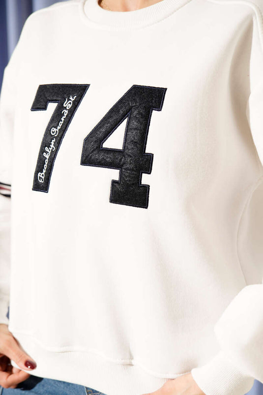 74 Yazılı Üç İplik Sweatshirt Ekru