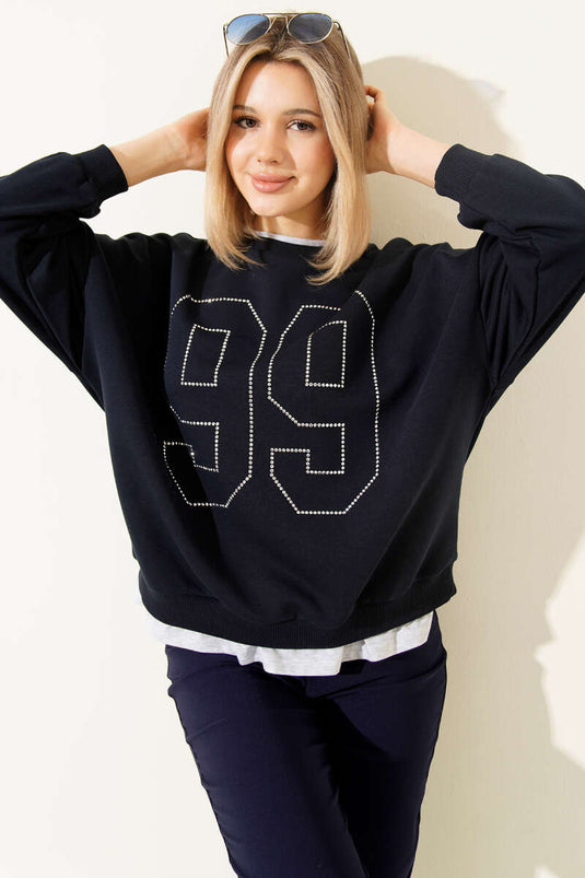 99 Taş Yazılı Sweatshirt Lacivert