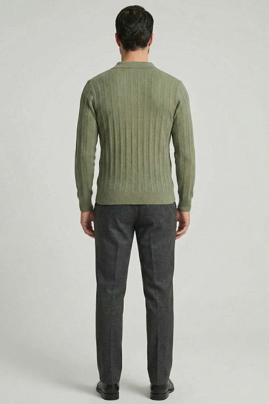 Açık Polo Yaka Erkek Örme Kazak Haki