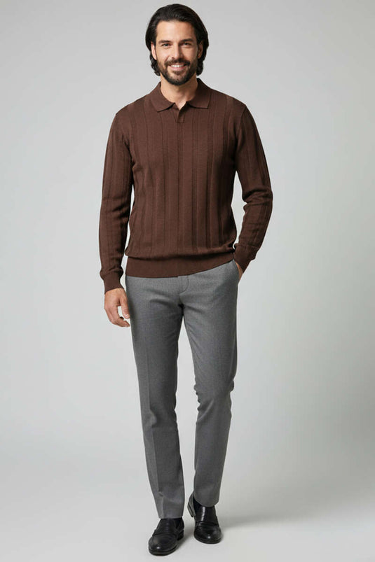 Men's Open Collar Polo Shirt Knitted Sweater, Brown
