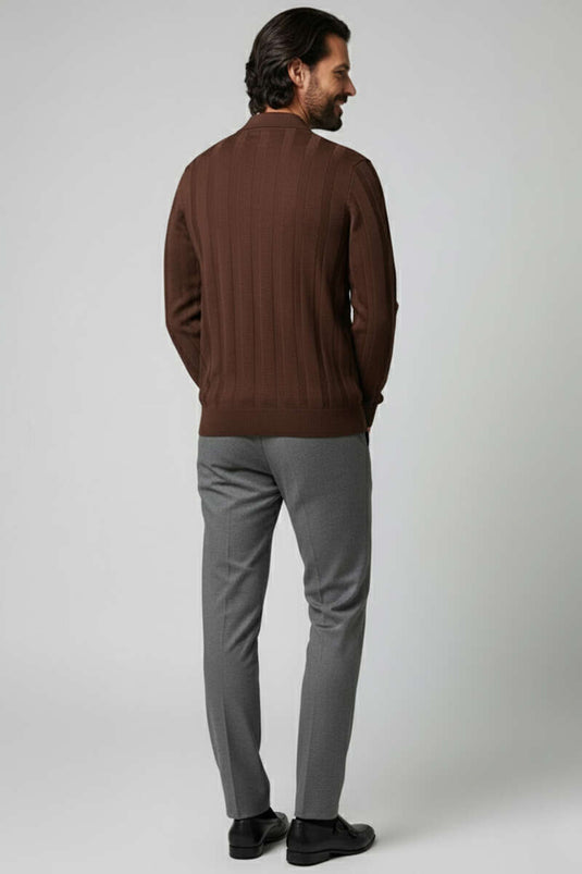 Men's Open Collar Polo Shirt Knitted Sweater, Brown