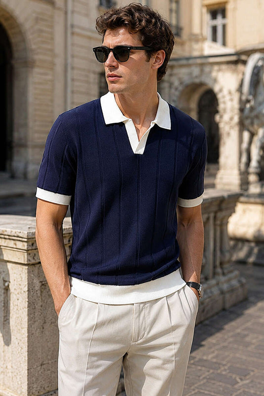 T-shirt homme à col polo ouvert bleu marine
