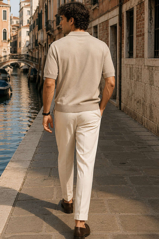 T-shirt homme beige à col polo ouvert avec bord-côte