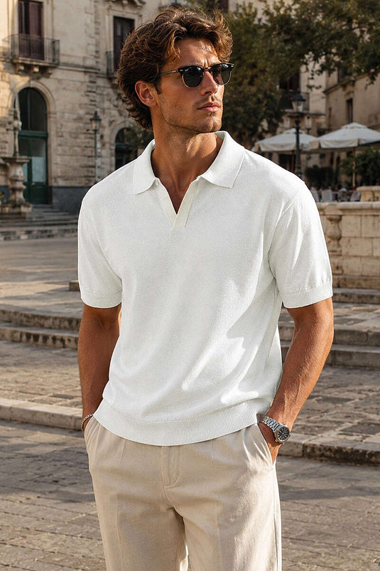 T-shirt homme blanc à col polo ouvert avec bord-côte