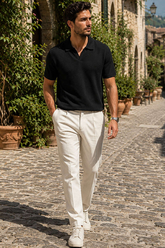 T-shirt homme noir à col polo ouvert avec bord-côte