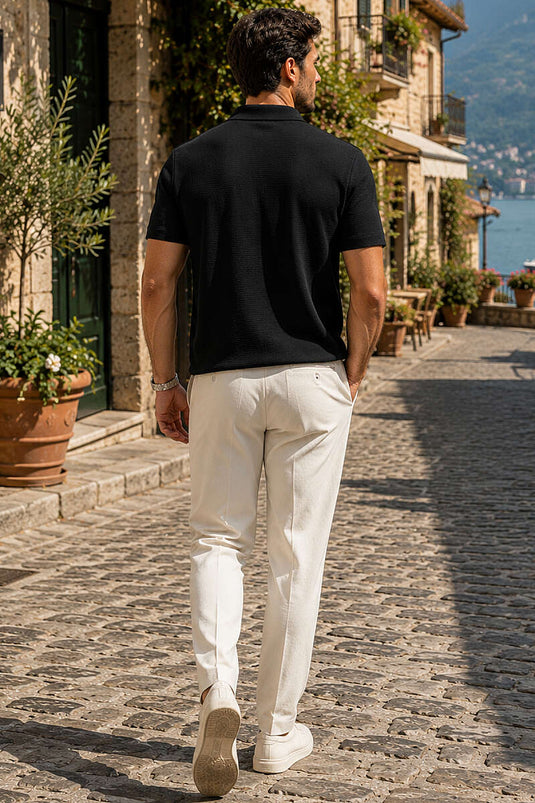 T-shirt homme noir à col polo ouvert avec bord-côte