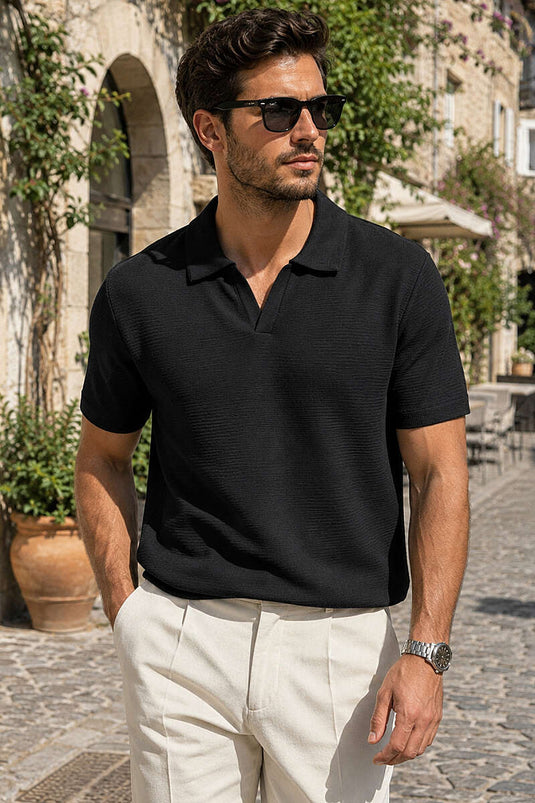 T-shirt homme noir à col polo ouvert avec bord-côte
