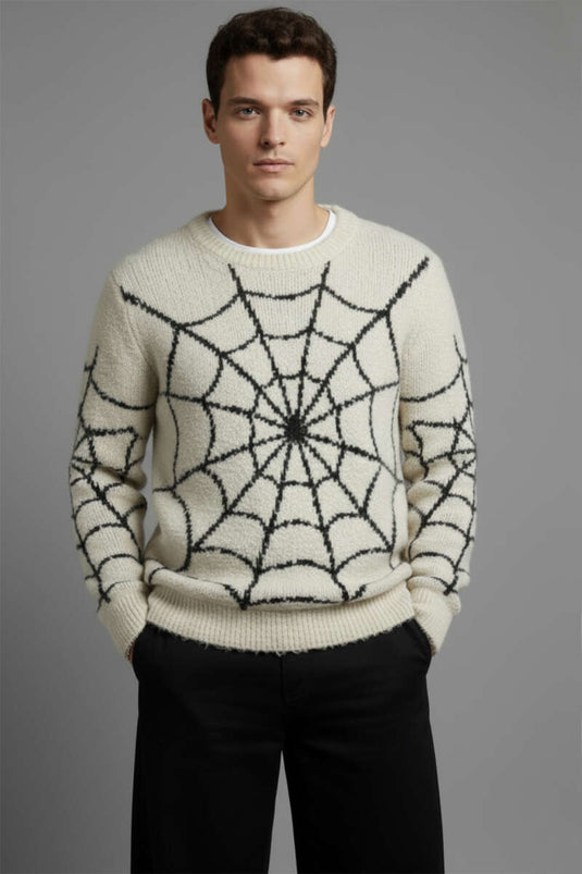 Mesh Pattern Knitted Sweater for Men, Cream