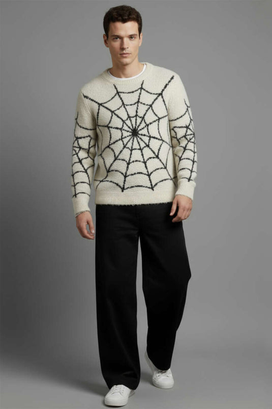 Mesh Pattern Knitted Sweater for Men, Cream