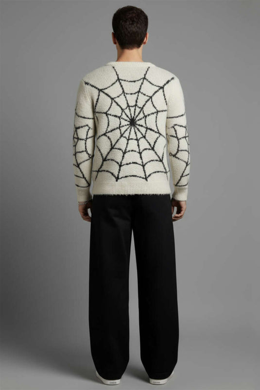 Mesh Pattern Knitted Sweater for Men, Cream