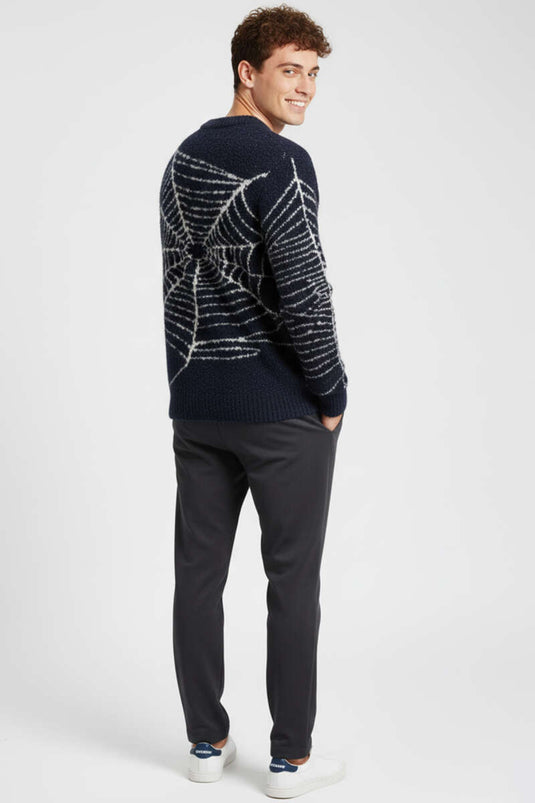 Mesh Pattern Knitted Sweater for Men, Navy Blue