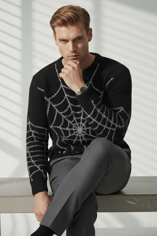 Ağ Desen Örme Triko Erkek Kazak Siyah