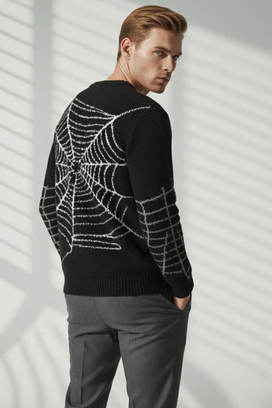 Ağ Desen Örme Triko Erkek Kazak Siyah