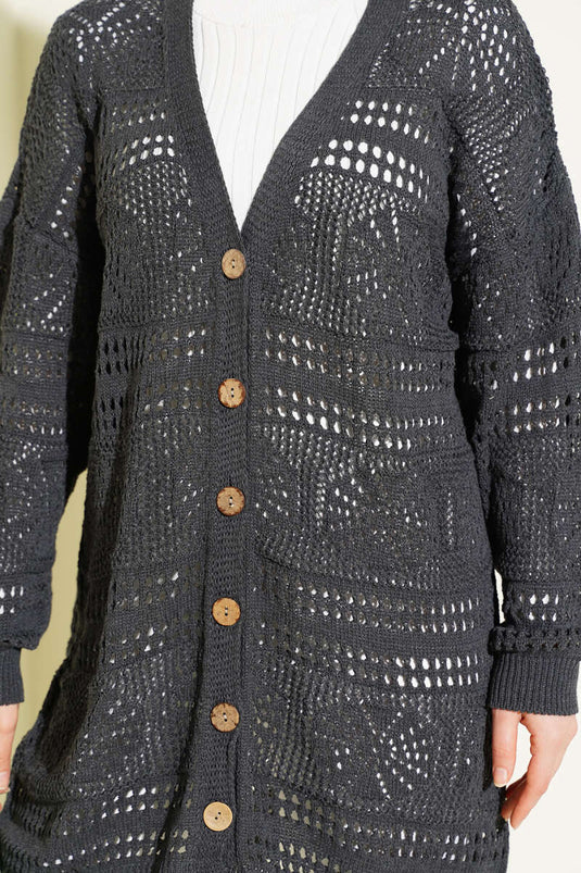 Cardigan en tricot ajouré anthracite avec boutons en bois