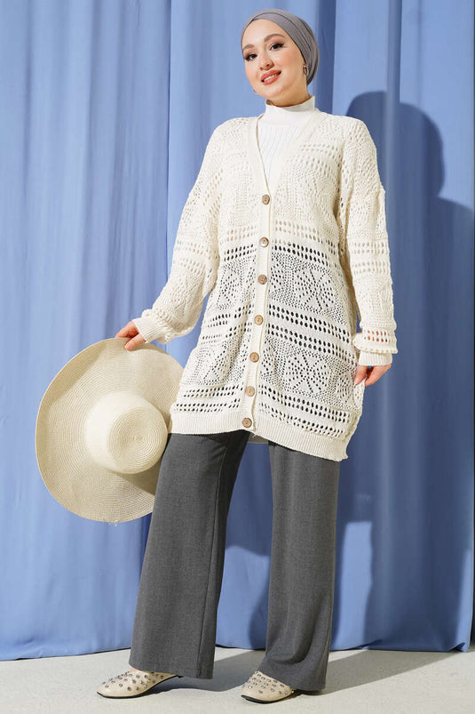 Wooden Button Openwork Knit Cardigan Ecru