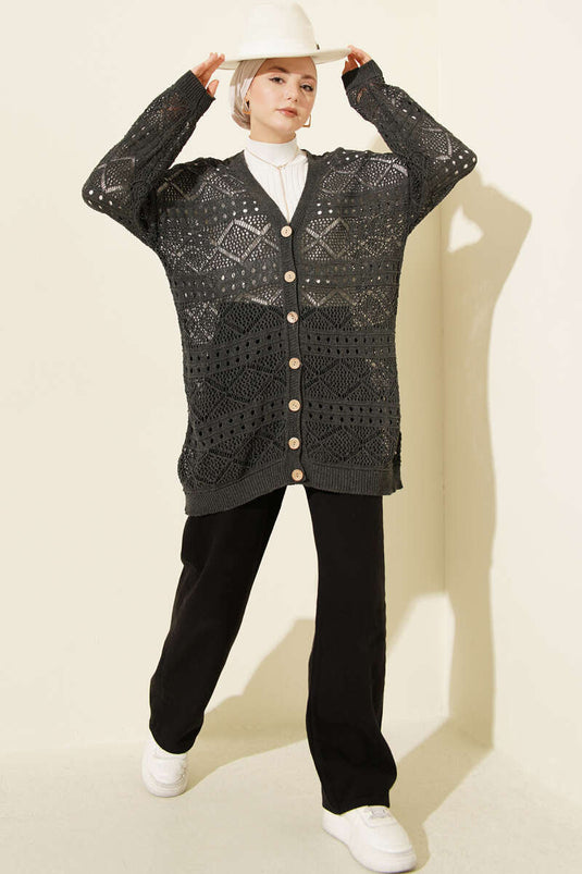 Wooden Buttoned Araboy Openwork Knit Cardigan Anthracite