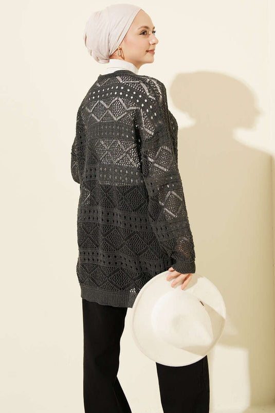 Wooden Buttoned Araboy Openwork Knit Cardigan Anthracite