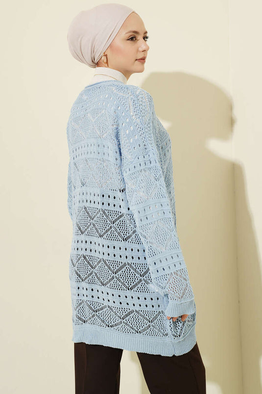 Cardigan lavorato a maglia traforato con bottoni in legno, blu