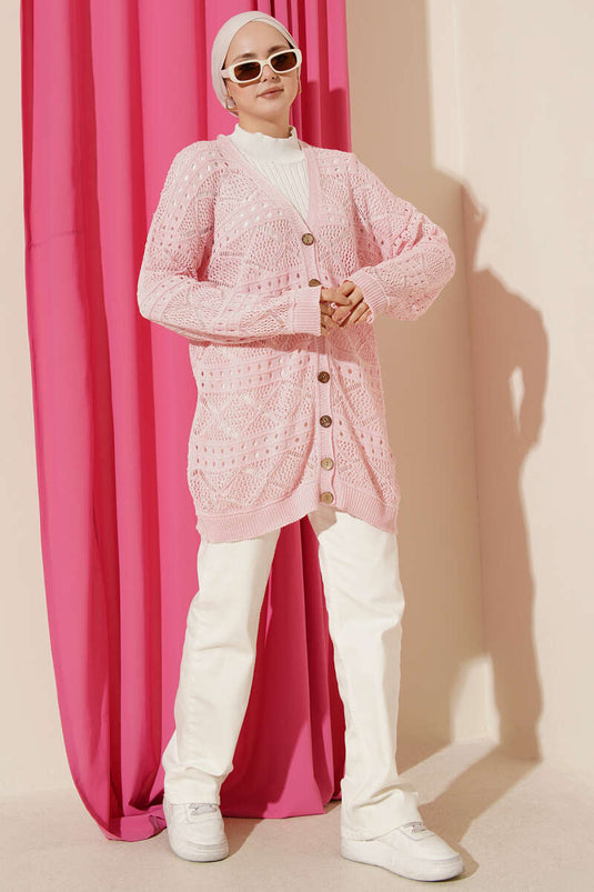 Strickjacke mit Holzknöpfen, Araboy, Ajourmuster, Rosa