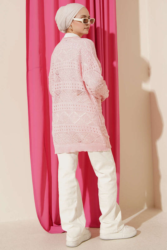 Strickjacke mit Holzknöpfen, Araboy, Ajourmuster, Rosa