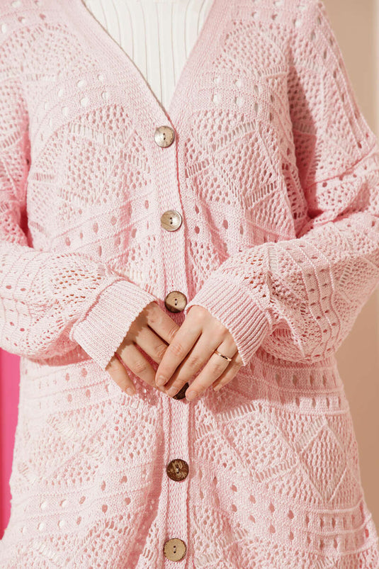 Strickjacke mit Holzknöpfen, Araboy, Ajourmuster, Rosa