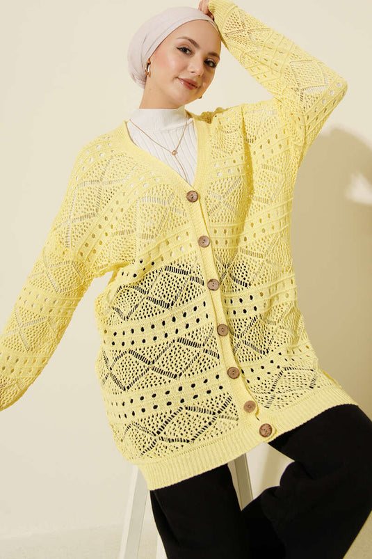 Cardigan en tricot ajouré à boutons en bois, jaune
