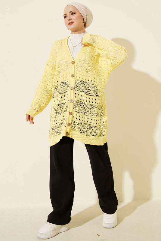 Cardigan en tricot ajouré à boutons en bois, jaune